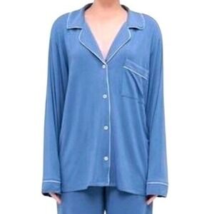 NWT Eberjey Gisele Modal Long Sleeve Pajama Top M Blue Button Down White Piping
